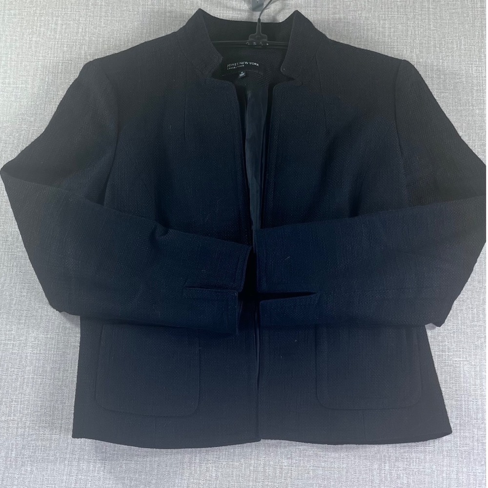 Jones New York Collection Black Cotton Textured Blazer Jacket Open Front Size 12